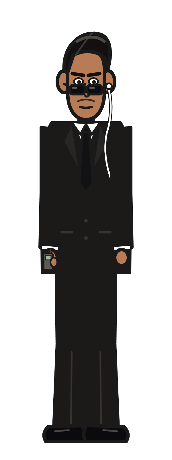 Hamoudi's cousin, head of security, head to toe: black suit and tie, dark glasses, an earpiece and a radio in his hand. Transparent background.