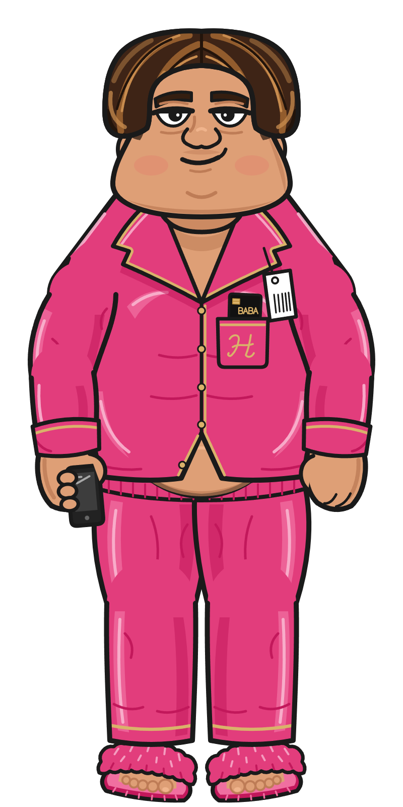 Hamoudi head to toe: pink satin pyjamas with gold piping, the BABA card in the pocket, the price tag on, pink fluffy slides. Transparent background.